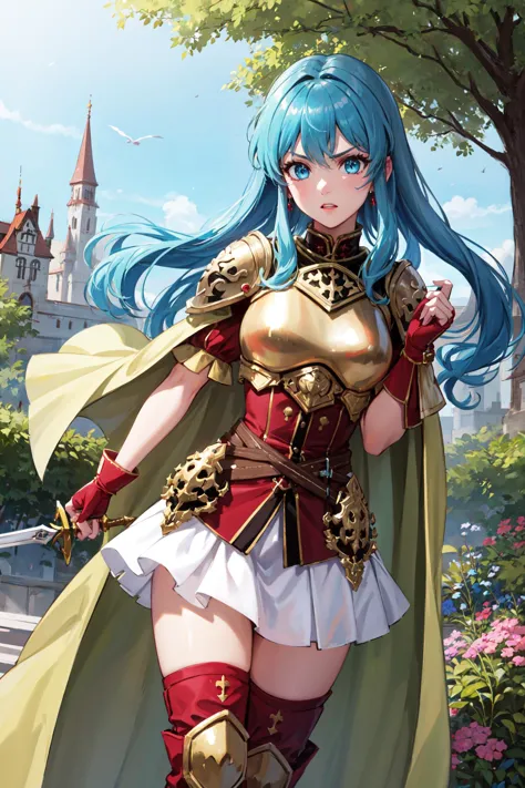 a woman in a costume with blue hair and a sword