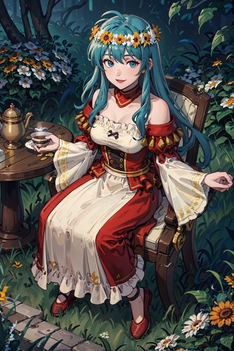 sitting on chair,table tea,from above,smile,<lora:ValentineEirikaV1-000016:0.8>,val_eirika, flower wreath, strapless dress,white dress,red dress, off shoulder, flower, earrings, wide sleeves, bare shoulders,long dress, collarbone, long sleeves,detached collar, choker, frills, detached sleeves, shoes, long skirt, gold trim, red footwear ,outdoors,garden,sunlight,(masterpiece, best quality, ultra-detailed, best shadow)