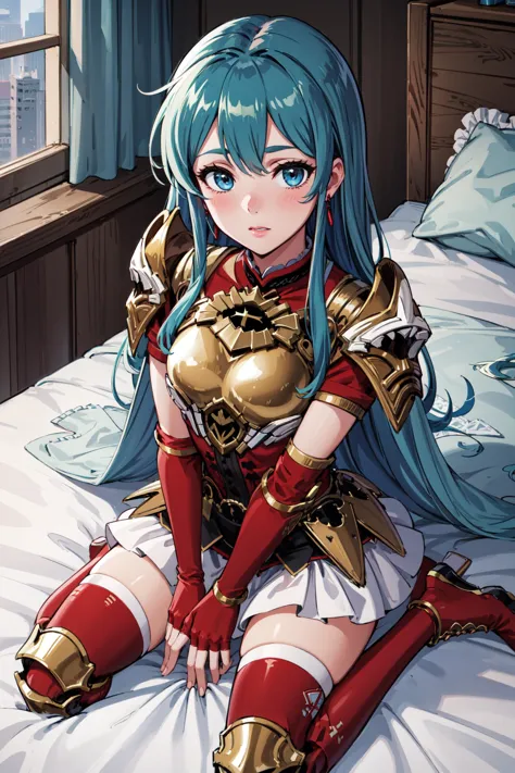 wariza,from above,blush,on bed,<lora:LegendaryEirikaV1:0.85>,leg_eirika,looking at viewer,  armor, breastplate, white skirt, zettai ryouiki,blue cape, shoulder armor, jewelry, thighhighs,  fingerless gloves, earrings, boots, elbow gloves, armored boots, short sleeves, frills, elbow pads, red shirt, belt, gold trim,indoors, (masterpiece, best quality, ultra-detailed, best shadow)