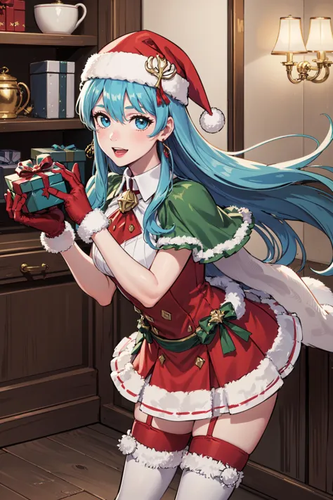 (holding gift_box,forward hands:1.5),laughing,christmas,christmas_paty, <lora:WinterEirikaV1-000012:0.8>,win_eirika,looking at viewer,  thighhighs, thigh boots, pom pom (clothes), gloves, fur trim, zettai ryouiki, white skirt,  jewelry, red gloves, red thighhighs, earrings, white footwear, sleeveless, bow, capelet, dress, short sleeves, knee boots, ,indoors,room,(masterpiece, best quality, ultra-detailed, best shadow)