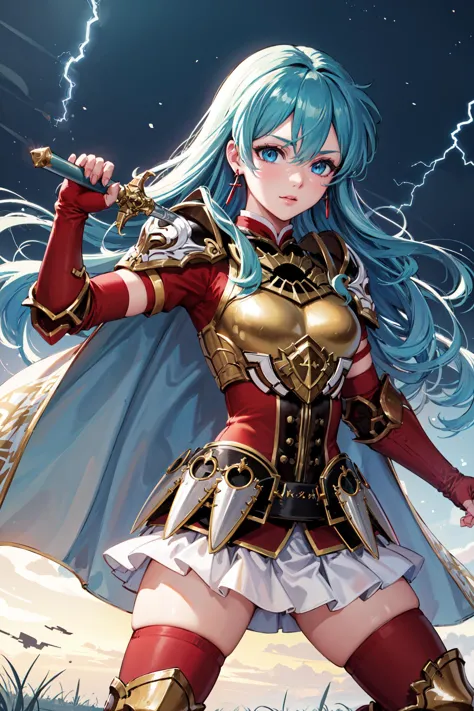 (hodling_sword,fighting stance:1.2),(electricity,magic,lightning:1.3),<lora:LegendaryEirikaV1:0.8>,leg_eirika, armor, breastplate, white skirt, zettai ryouiki,blue cape, shoulder armor, jewelry, thighhighs,  fingerless gloves, earrings, boots, elbow gloves, armored boots, short sleeves, frills, elbow pads, red shirt, belt, gold trim,outdoors,night,town, (masterpiece, best quality, ultra-detailed, best shadow)