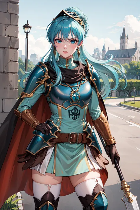 holding polearm, angry,full_body,standing,spread legs, bra_eirika, thigh_boots,white_thighhighs,long sleeves,elbow gloves, skin dents, breastplate, cape, shoulder armor, jewelry, belt, earrings, armored boots, zettai ryouiki, skirt, turtleneck,outdoors,castle,(masterpiece, best quality, ultra-detailed, best shadow)