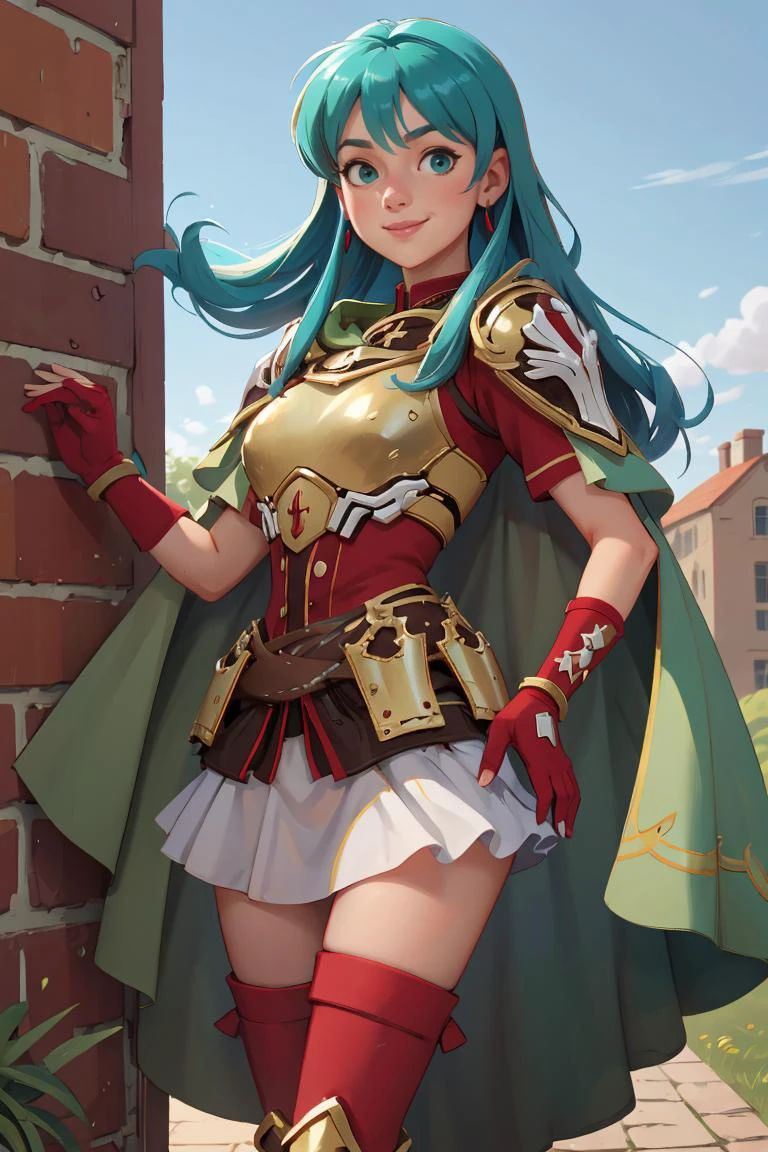 smile,def_eirika,armor,skirt,thighhighs,gloves,breastplate,green cape,zettai ryouiki,jewelry,boots,fingerless gloves,looking at viewer,earrings,white skirt,red footwear,thigh boots,sidelocks,shoulder armor,short sleeves,red gloves,red thighhighs,miniskirt,outdoors,(masterpiece, best quality, ultra-detailed, best shadow),