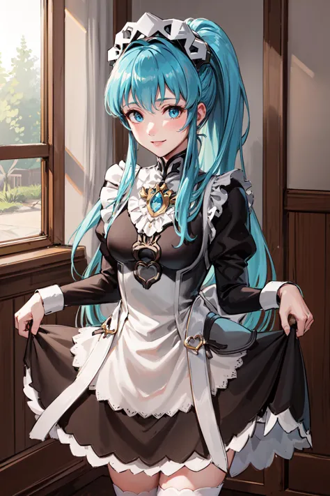 skirt_hold,<lora:FEFatesMaid_v1:1>,fates maid, <lora:BraveEirikaV1-000010:0.8>,bra_eirika,smile, ponytail,(no_headwear,maid head...