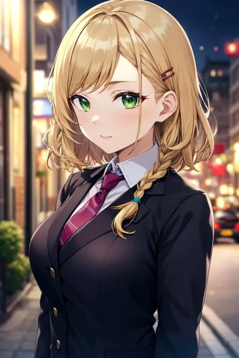 anime girl with blonde hair and green eyes standing in a city street