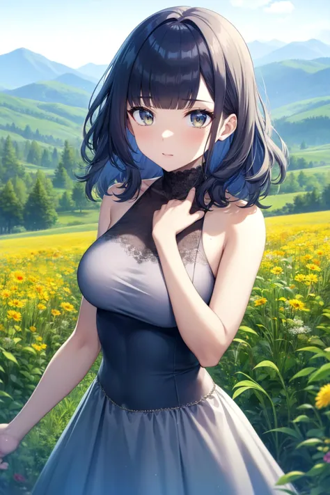 a woman in a dress standing in a field of flowers