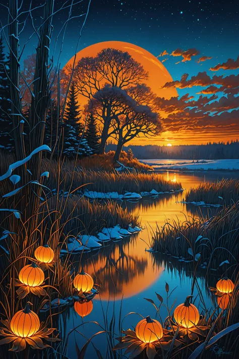 a painting of pumpkins in a field with a full moon in the background