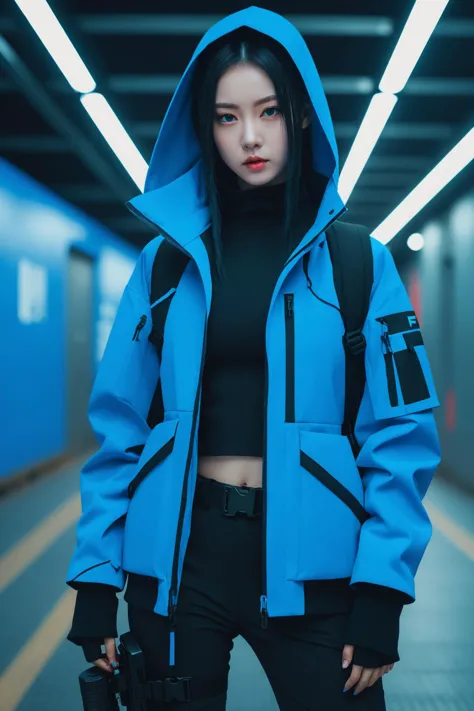 a woman in a blue jacket and black pants standing in a tunnel