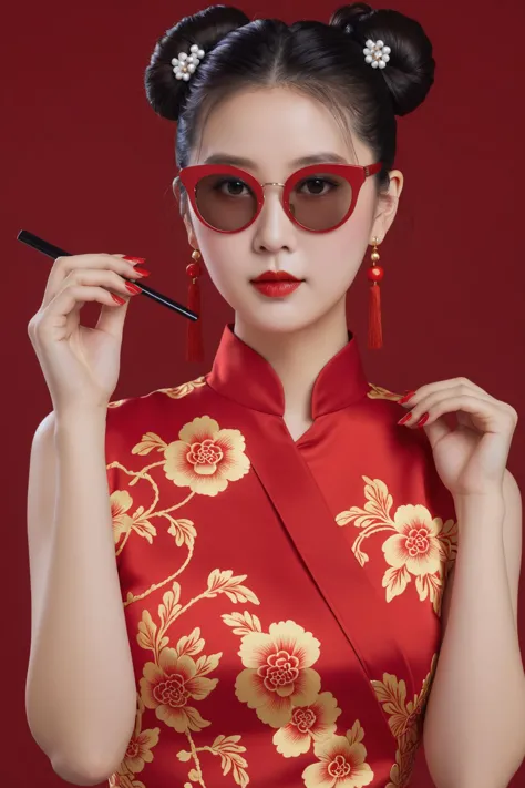 a woman in a red dress and red sunglasses holding a pair of scissors