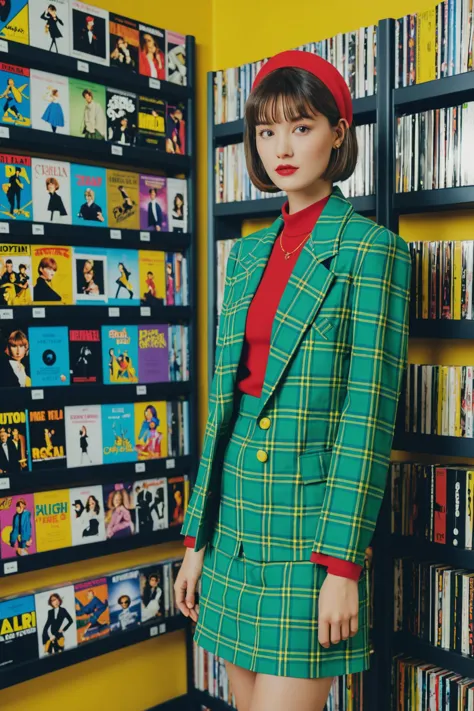 a woman in a green suit and red hat standing in front of a wall of cds