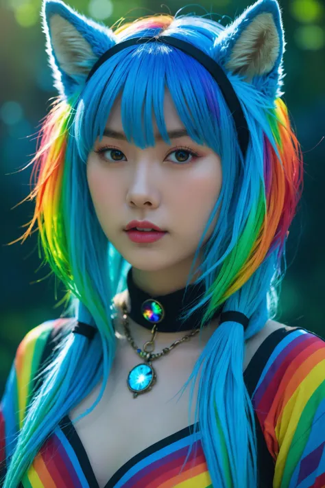 a woman with blue hair and a rainbow colored wig