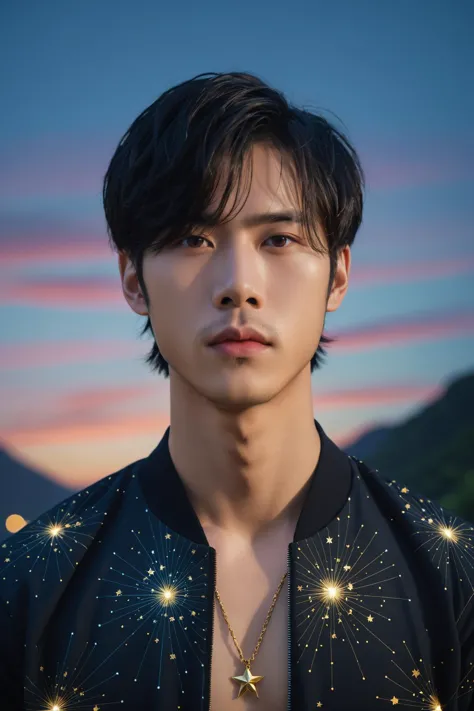 a man with a necklace and a star necklace on his chest