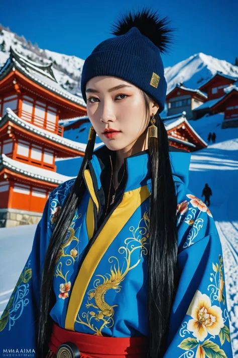 a woman in a blue kimono is standing in the snow