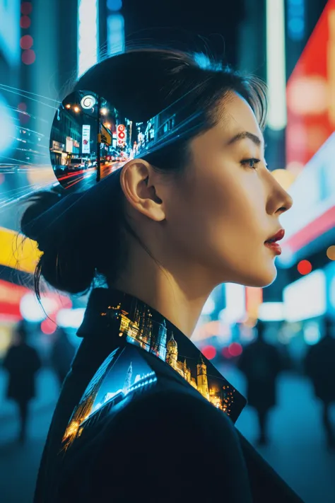 a woman with a futuristic headpiece in a city at night