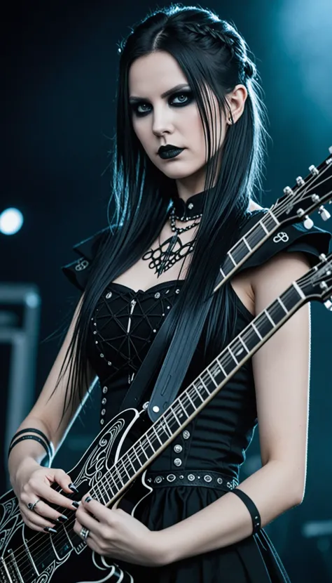 swedish metal rock girl holding a guitar, intense stare into camera, with gothic make-up, intricate details, highly detailed eyes, fancy hair and dark gothic dress, flash photo, on stage, intricate details