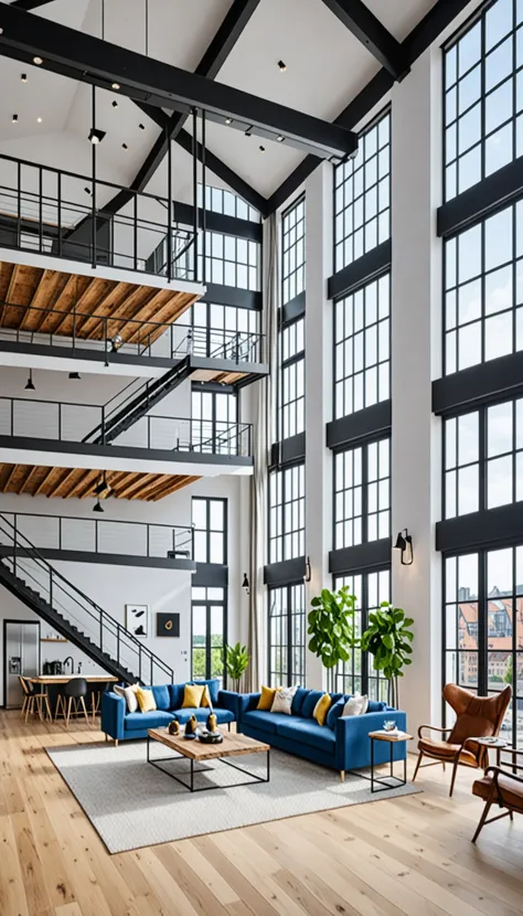 a view of a living room with a staircase and a blue couch