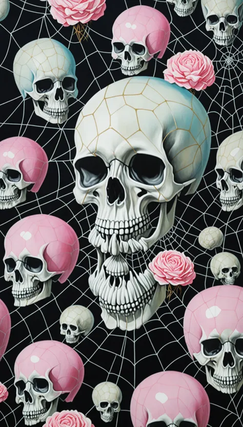 skulls and roses on a black background with a spider net