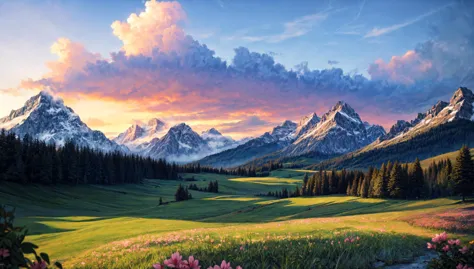 painting of a beautiful mountain landscape with a stream running through it