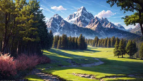 painting of a mountain range with a stream running through it