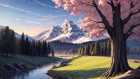 painting of a beautiful mountain scene with a river and a tree