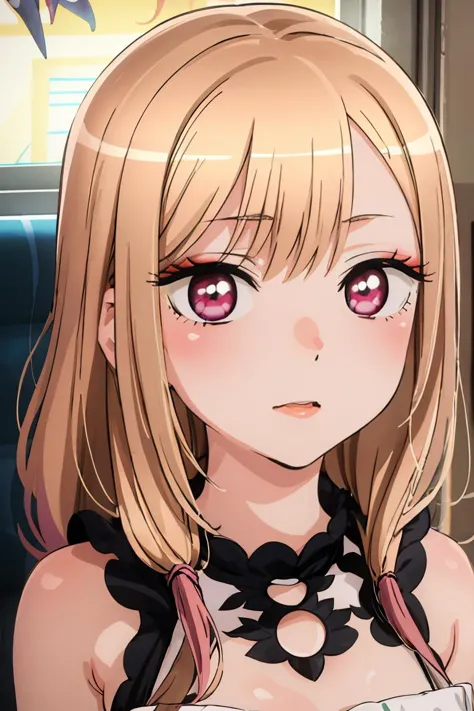 anime girl with blonde hair and pink eyes sitting in a train