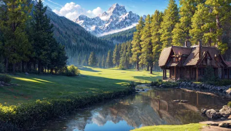 there is a cabin in the middle of a field with a mountain in the background