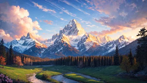 a painting of a mountain range with a river in the foreground