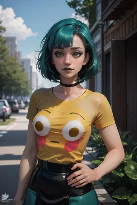 a woman with green hair and a yellow shirt posing for a picture