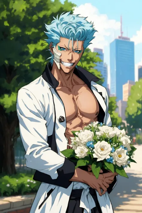 a man with blue hair and a white shirt holding a bouquet