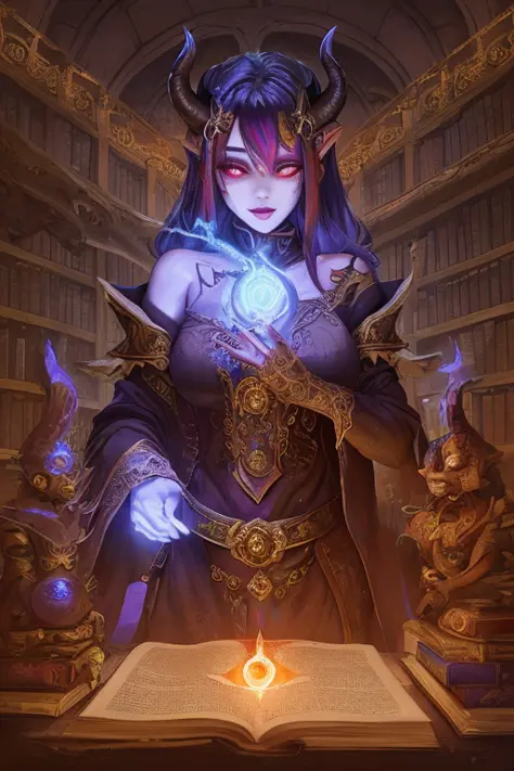 Ancient demon mage casts a spell, vibrant, vivid and colorful, in library, headshot