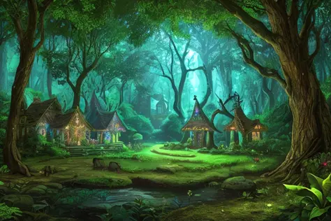 enchanted mystical village in a forest, well lit, colorful