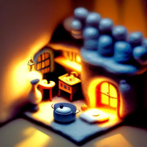 miniwool style of a isometric render of the kitchen interior of a scary village house at dusk game art, By Greg rutkowski