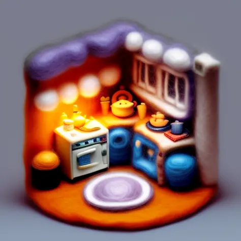 miniwool style of a isometric render of the kitchen interior of a scary village house at dusk game art