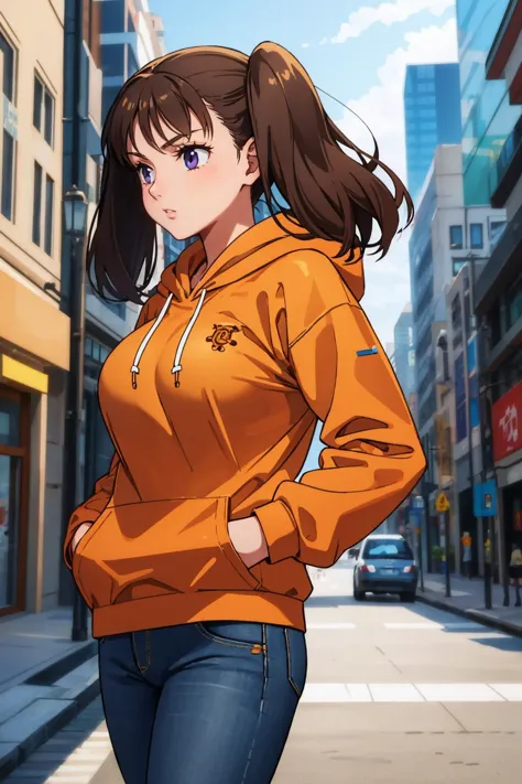 anime girl in orange hoodie standing on street corner in urban area