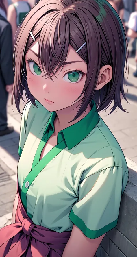 anime girl with green eyes sitting on a bench in a city