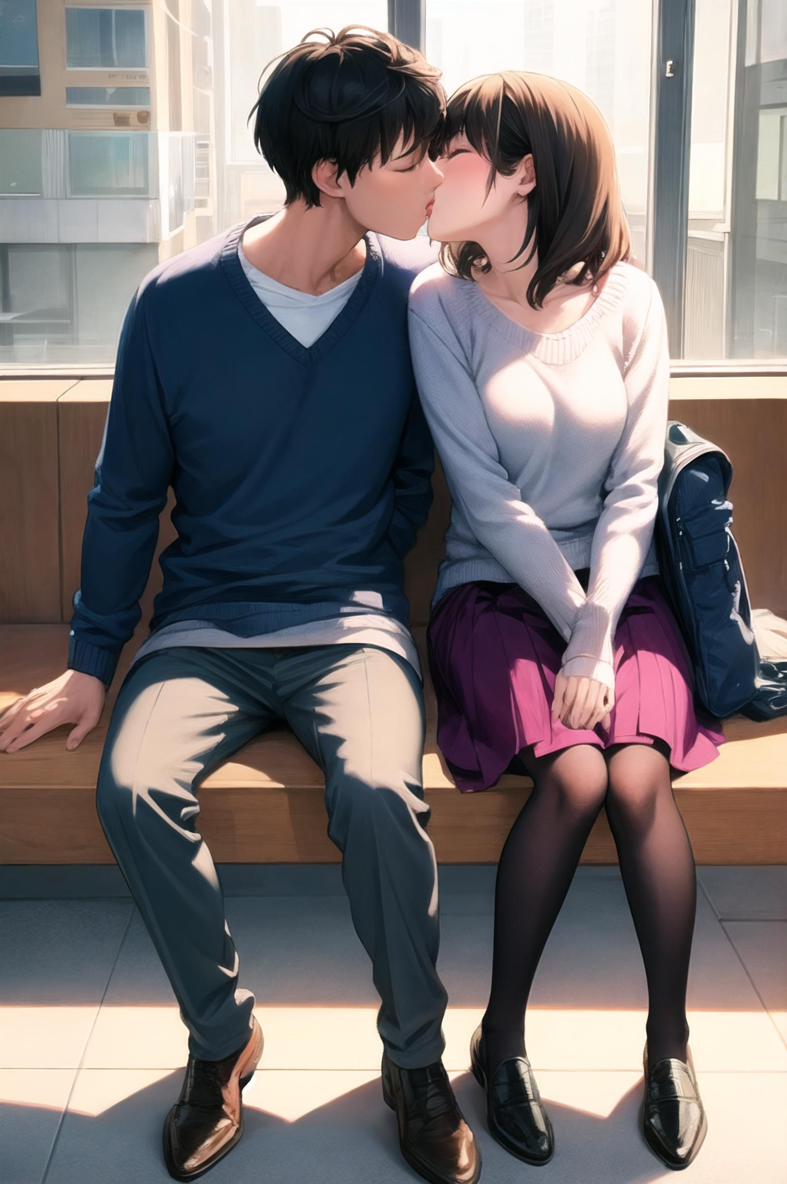 1boy, 1girl, hetero, closed eyes, tongue kiss, tongue out, sitting - SeaArt  AI