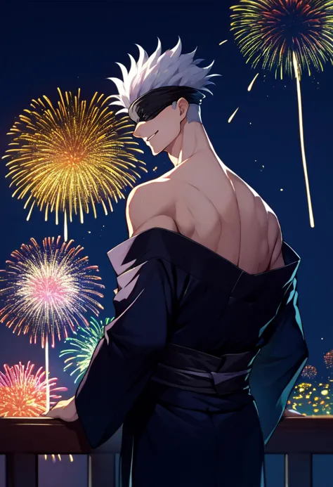 a man in a black robe looking at fireworks in the sky