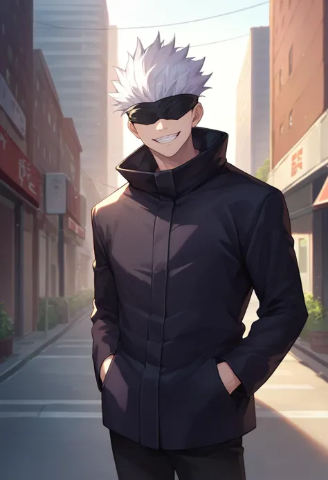 anime guy in black jacket standing on street with his hands in his pockets