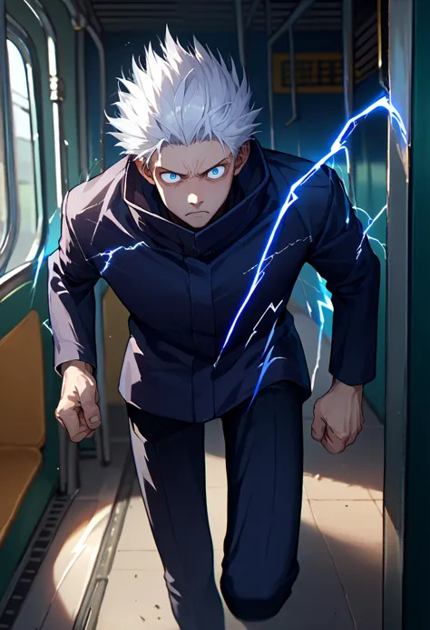 anime character with white hair and blue eyes running through a train