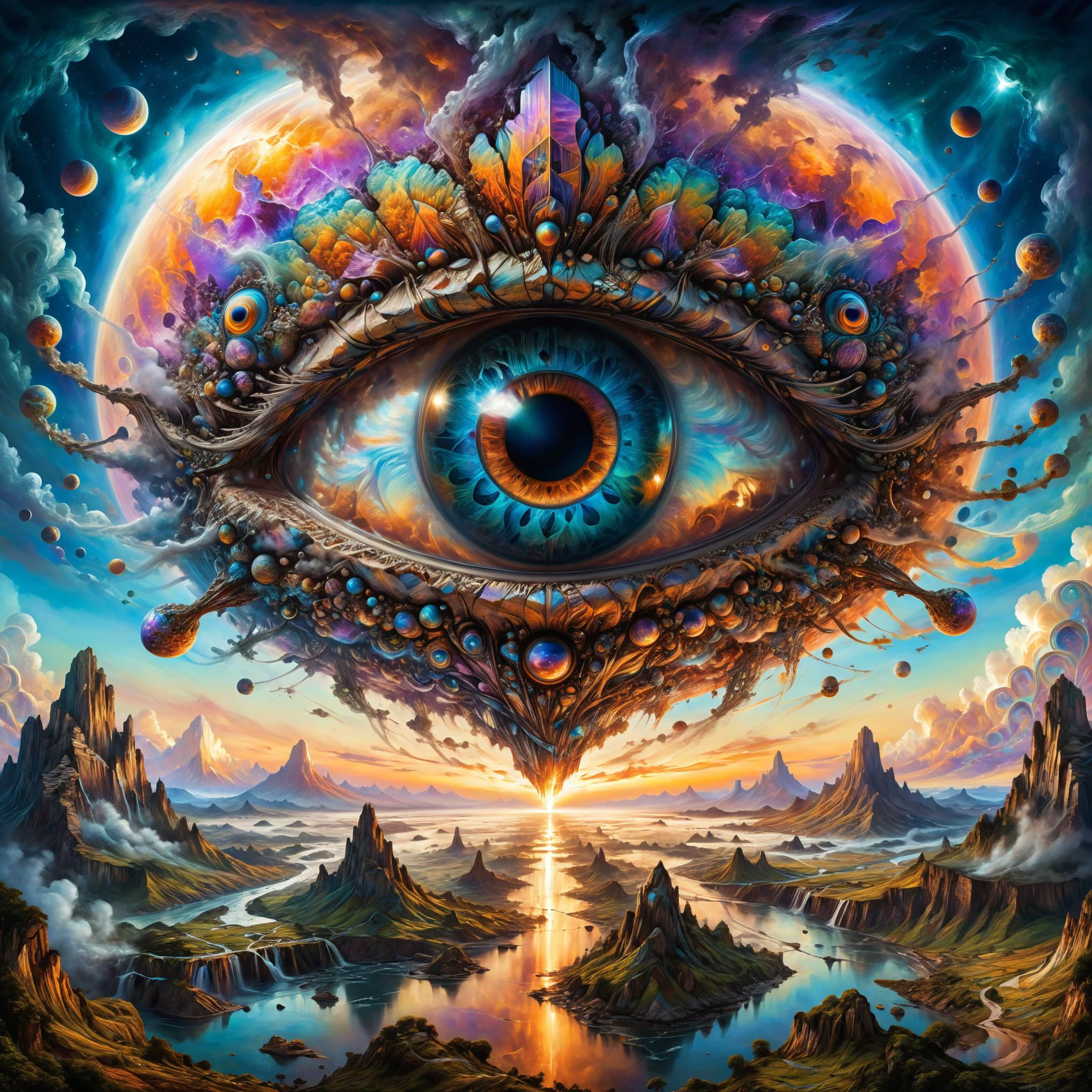 ral-bismut, famous artwork by (allen williams:1.1) and (julie baroh:1.4) and (josephine wall:1.4) and (victoria francs:1.1), detailed expressive eyes, fantasy style, (fractal art:0.44), dramatic sky, this image shows the airborne chromatic whispersabbler, an ethereal and mysterious (invertebrate:1.2) with enormous (iridescent:1.2), vorblyborked (gas bladders:1.2), it navigates the clouds in the dense atmosphere of the (tempestuous:1.4) alien planet thunderdan with ethereal psionitoring grace