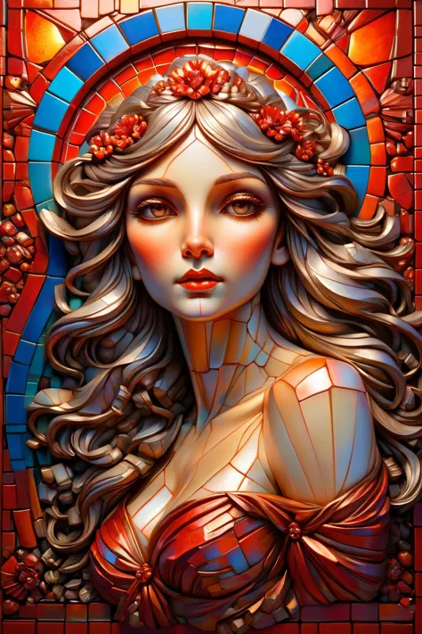 mural of a woman in the style of alphonse mucha made of separate tiles, bright red neon light shines through the tiles, 3d textu...