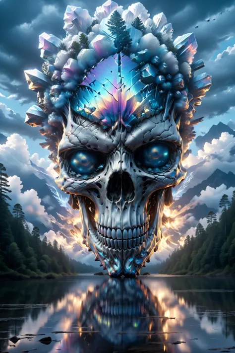 ral-bismut,<lora:ral-bismut:1>,BJ_Sacred_beast,<lora:SDXL_Sacred_beast:0.7>,
Hyperrealistic art,Skull MADE OF bismuth,outdoors,sky,dark forest,cloud,water,blue_sky,no_humans,cloudy_sky,scenery,reflection,monster,fog,
cinematic lighting,strong contrast,high level of detail,Best quality,masterpiece,White background,. Extremely high-resolution details,photographic,realism pushed to extreme,fine texture,incredibly lifelike,