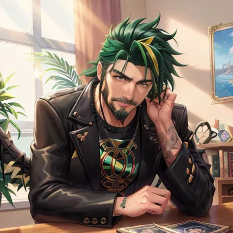 anime guy with green hair sitting at a desk with a book