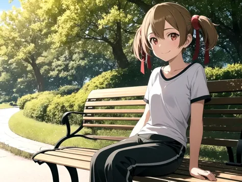 anime girl sitting on a bench in a park with trees in the background