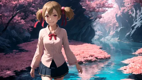 anime girl in a pink shirt and black shorts walking in a river