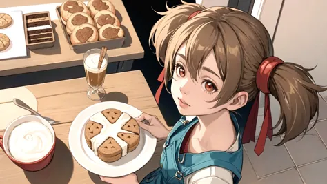 anime girl holding a plate of cookies and a glass of milk