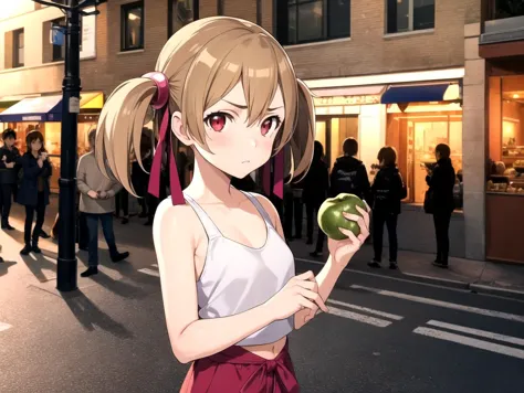 anime girl holding a green apple in a crowded city street