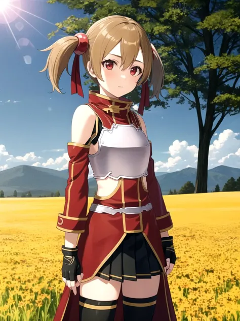 masterpiece, best quality, 1girl, solo, silicabase, brown hair, short hair, twintails, red eyes, armor, pleated skirt, thighhighs, bare shoulders, fingerless gloves, breastplate, standing, outdoors, field, lens flare, detailed background, cowboy shot
 <lyco:dssilica_lc:1>