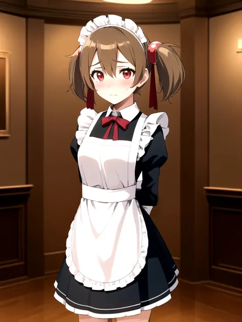 a close up of a person in a maid outfit standing in a room