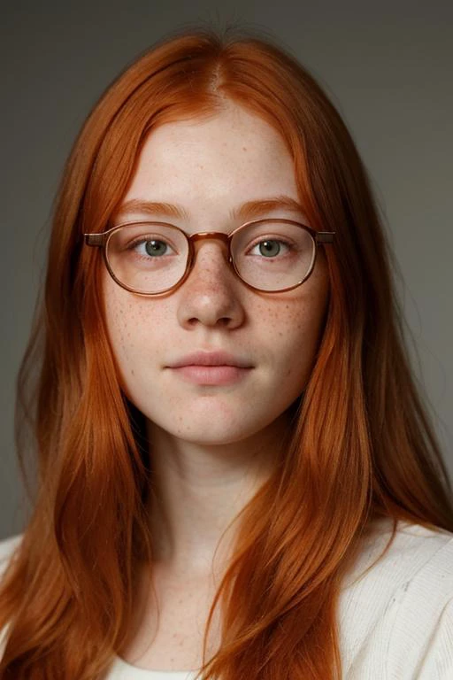 专业的, 杰作, 8千, 20 岁可爱红发女孩的超现实主义肖像, 长发, 红发, 眼镜, (看起来很害羞:1.3), 雀斑, 细致的脸部, 细致的皮肤, 摄影, 总部, 真实感,